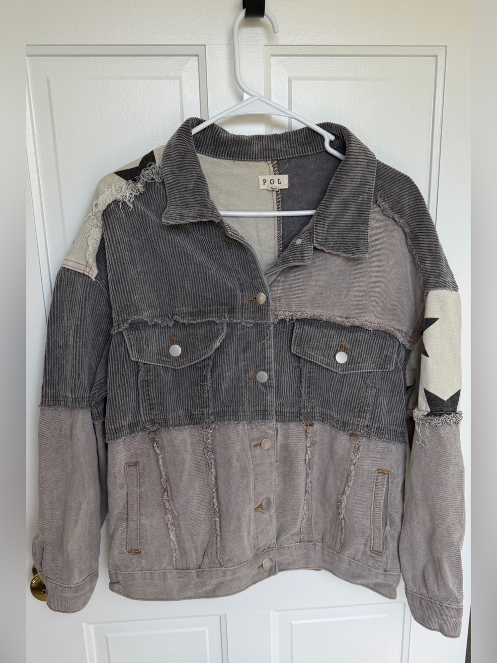 POL Oversized Star Patchwork Corduroy Shacket Jacket Gray Small